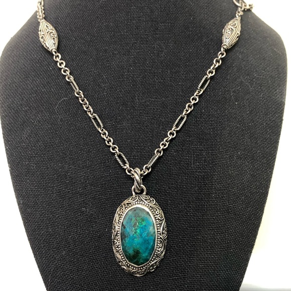 LORI BONN Sterling Silver Faceted Azurite Oval Gem Pendant Mixed Link Necklace